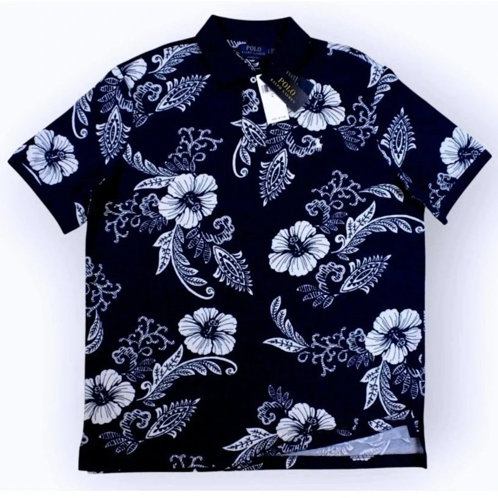 Polo Ralph Lauren Mens XLT Navy Blue Classic Fit Hibiscus Mesh Short Sleeve Polo